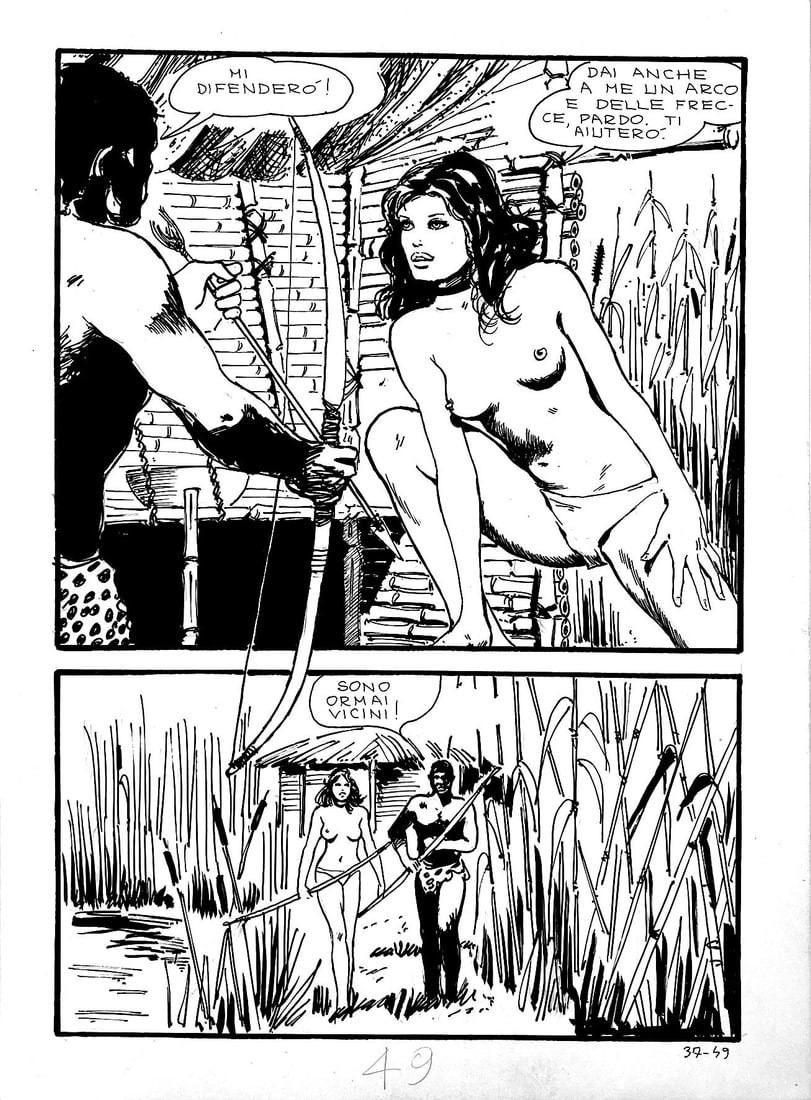 MANARA - Jolanda de Almaviva: MILO MANARA - Jolanda de Almaviva: A Colpi di Pugnale. Tavola originale pubblicata a pag. 49 di Jolanda de Almaviva, Ediperiodici, marzo 1972. Matita e china su cartoncino, cm 35x25. Eccellente