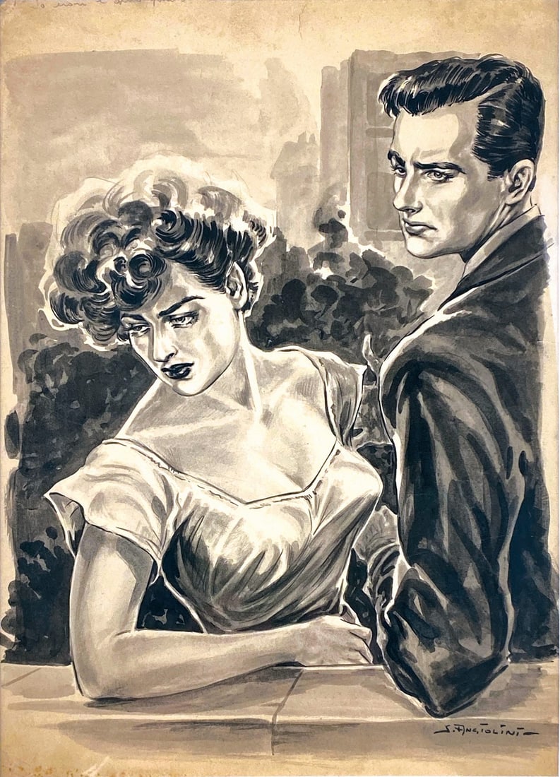 SANDRO ANGIOLINI - Dramma d'Amore: Illustrazione in stile Grand Hotel, matita, china e china diluita su cartoncino, cm 35x25. Firmata. Non datata ma primo dopoguerra. Buono stato. In cornice. ENG Original Grand Hotel style illustration
