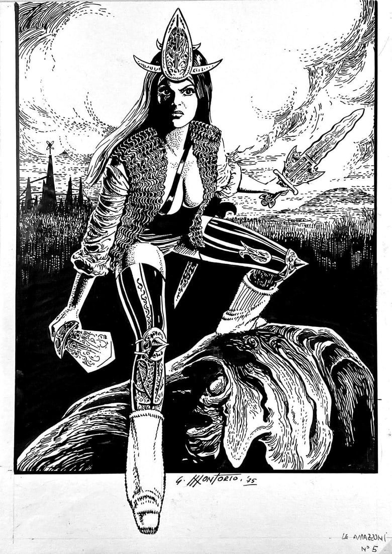 GIORGIO MONTORIO - Le Amazzoni n. 5: Illustrazione originale per Club Anni Trenta. Matita e china su cartoncino, cm 37.5x26. Firmato e datato 1975. Ottimo stato. ENG Original illustration for Club Anni Trenta. Pencil and ink on thin