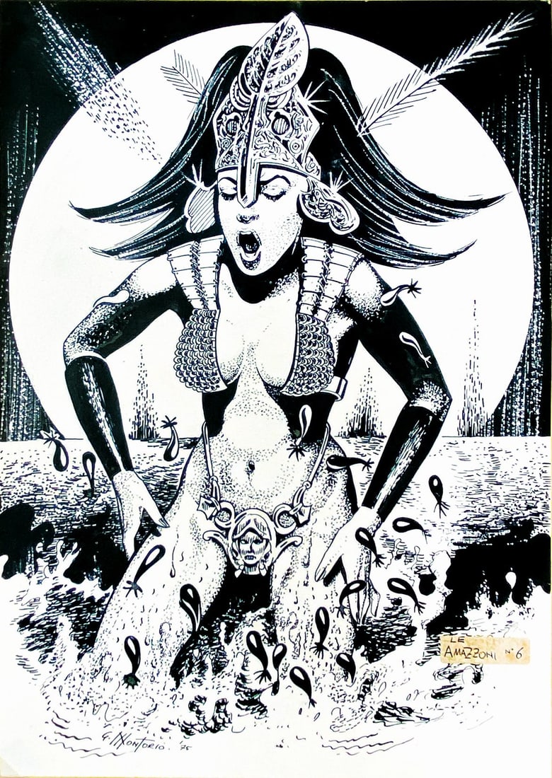 GIORGIO MONTORIO - Le Amazzoni n. 6: Illustrazione originale per Club Anni Trenta. Matita e china su cartoncino, cm 37.5x26. Firmato e datato 1975. Ottimo stato. ENG Original illustration for Club Anni Trenta. Pencil and ink on thin
