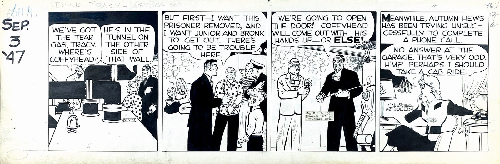 CHESTER GOULD - Dick Tracy: Getting Set: Striscia giornaliera edita il 3 settembre 1947. Matita e china su cartoncino, cm 18x57. Firmata alla quarta vignetta. Ottimo stato. ENG Original strip published on the 3rd of September 1947. Pencil