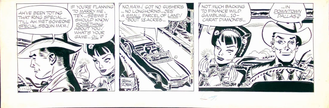 FRANK ROBBINS - Johnny Hazard: Striscia giornaliera edita dal KFS il 16 novembre 1967. Matita e china su cartoncino, cm 17x51,5. Firmata alla seconda vignetta. Eccellente stato. ENG Original daily strip published by KFS on the