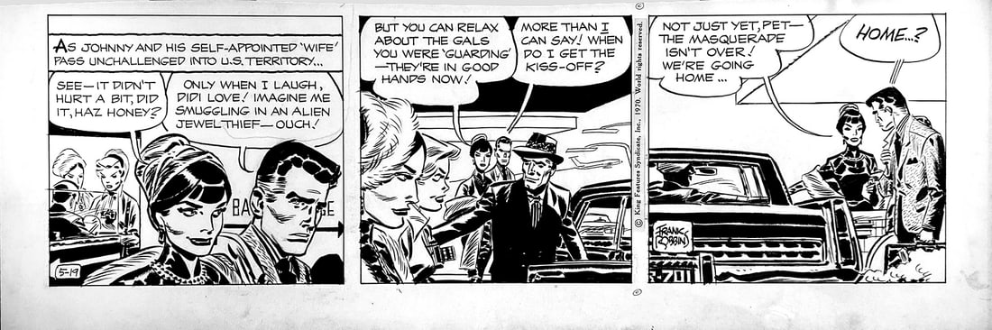 FRANK ROBBINS - Johnny Hazard: Striscia giornaliera edita dal KFS il 19 maggio 1970. Matita e china su cartoncino, cm 17x51. Firmata alla terza vignetta. Eccellente stato. In cornice. ENG Original daily strip published by KFS on th