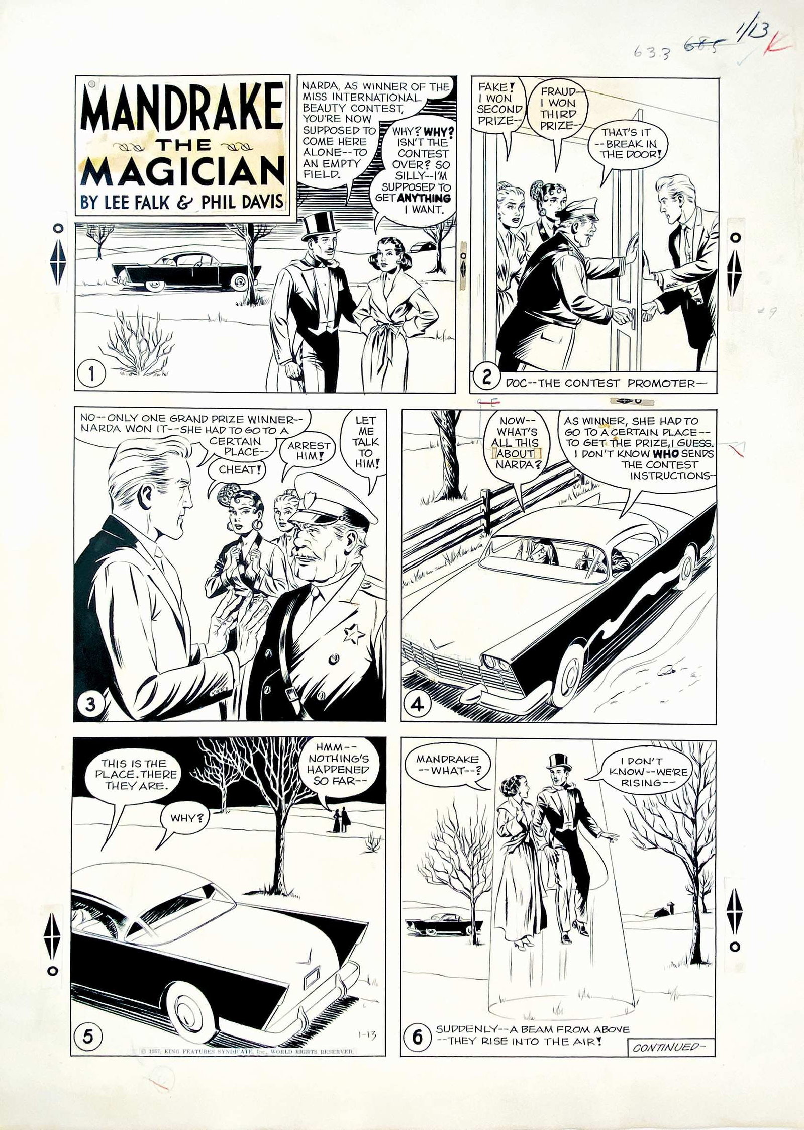 FALK; DAVIS - Mandrake The Magician: LEE FALK; PHIL DAVIS - Mandrake The Magician. Tavola originale per il KFS pubblicata il 13 gennaio 1957. Matita e china su cartoncino, cm 63,5x45,5. Eccellente stato. ENG Original art for the KFS
