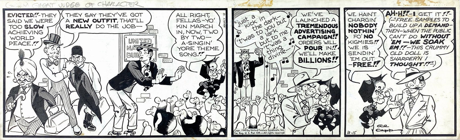 AL CAPP - Li'l Abner: AL CAPP - Li'l Abner: A Great Judge of Character. Striscia giornaliera per United Feature Syndicate, edita il 15 ottobre 1949. Matita, china e tempera bianca su cartoncino, cm 18x58. Firmata