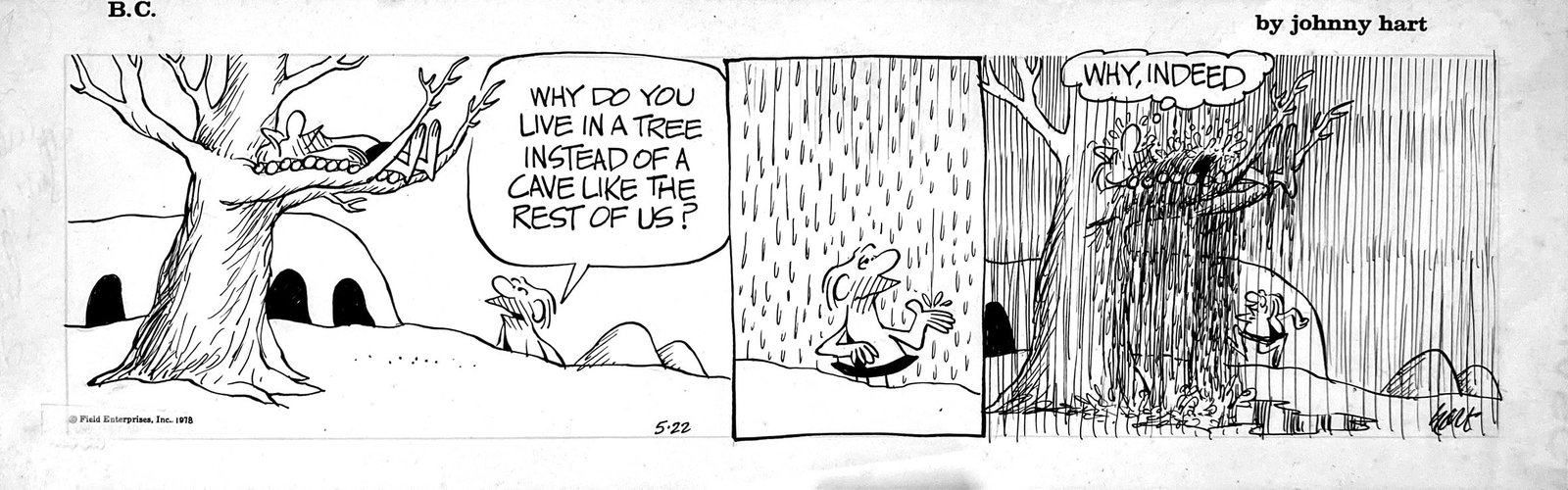 JOHNNY HART - B.C.: Why, Indeed: Striscia giornaliera per Field Enterprises, edita il 22 maggio 1978. Matita e china su cartoncino, cm 15x48. Eccellente stato. In cornice. ENG Original strip for Field Enterprises, published on the