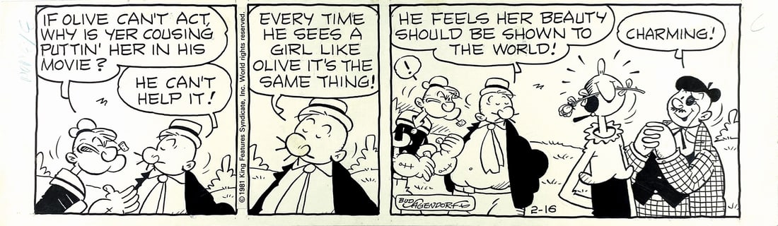 BUD SAGENDORF - Popeye: Charming!: Striscia giornaliera per KFS edita il 16 febbraio 1981. Matita e china su cartoncino, cm 12x42. Firmata. Eccellente stato. ENG Original strip for KFS published on the 16th of February, 1981. Pencil