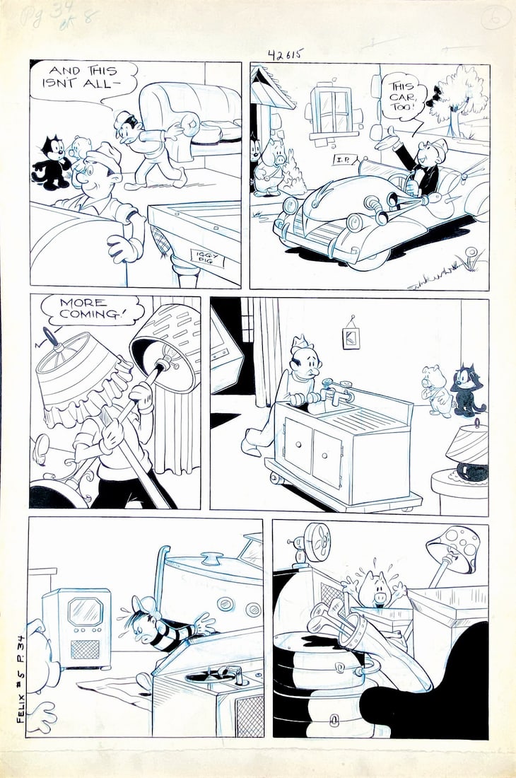 JOE ORIOLO - Felix di Pat Sullivan: Tavola originale per comic book, meta' anni '50. Matita, china e matita blu su cartoncino, cm 54,5x36. Buono stato. ENG Original art for comic book, mid-1950s. Pencil, ink and blue pencil on thin card