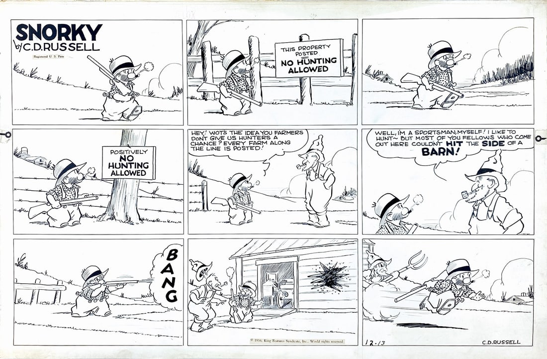 RUSSELL - Snorky: No Hunting Allowed: CLARENCE D. RUSSELL - Snorky: No Hunting Allowed. Tavola domenicale per il KFS, pubblicata il 13 dicembre 1936. Matita e china su cartoncino, cm 36x54,5. Ottimo stato. ENG Original Sunday art for