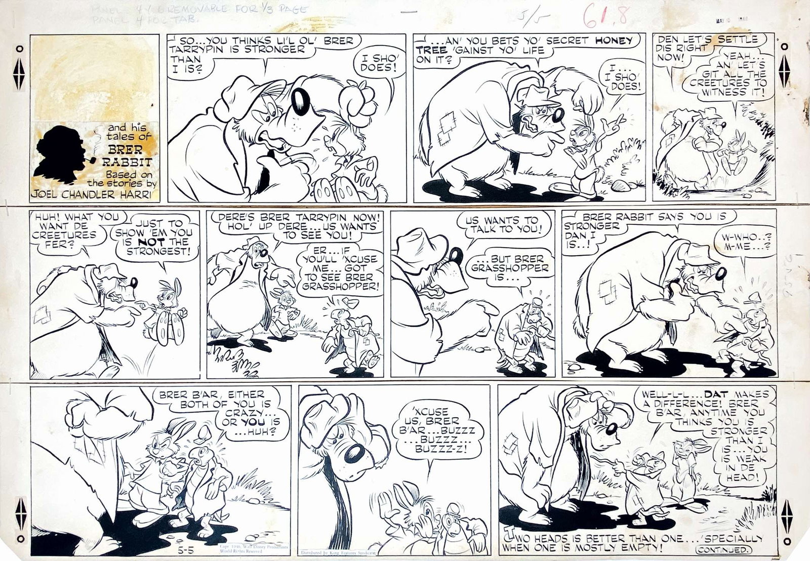 MURRY - Uncle Remus and His Tales: PAUL MURRY - Uncle Remus and His Tales of Br'er Rabbit. Tavola originale pubblicata dal KFS il 5 maggio 1946. Matita e china su tre strisce cartoncino raccordate, cm complessivi 44x64 circa. Ingiallit