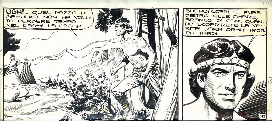 EMILIO UBERTI - Kociss: Coppia di strisce originali (nn. 132 e 158) per edizioni Audace, meta' anni '50. Matita e china su cartoncino, cm 14x31. Buono ottimo stato. Una in cornice. ENG Pair of original strips (132 and 158)