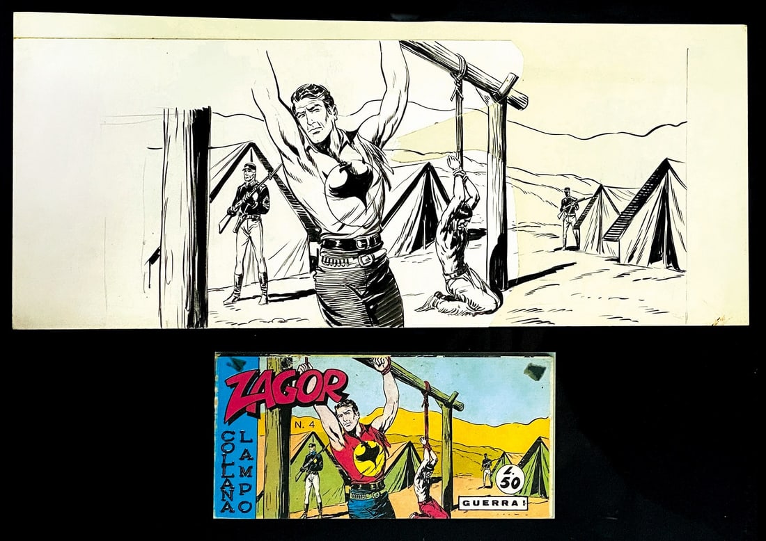 GALLIENO FERRI - Zagor: Guerra!: Originale di copertina per Zagor Collana Lampo, quarta serie, n. 4, Araldo, marzo 1967. Matita e china rimontata su cartoncino, cm 15x36,5. Buono stato. In cornice, con copertina a stampa. ENG
