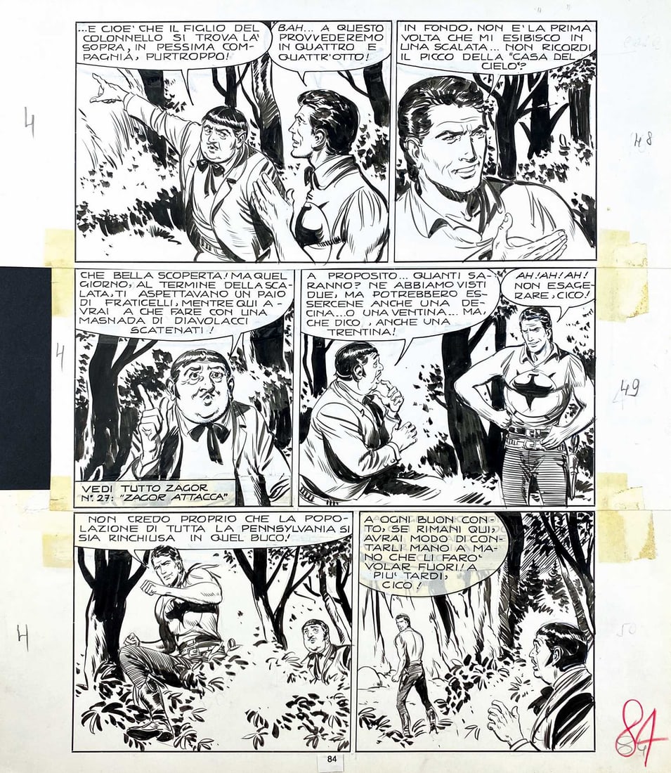 NOLITTA; FERRI - Zagor: Guerra!: Tavola originale pubblicata a pag. 84 di Zagor Zenith n. 82 (31a avventura di Zagor), pubblicato nel gennaio 1968. Matita e china su tre strisce raccordate, complessivi cm 39x33 circa. Consuete ingial