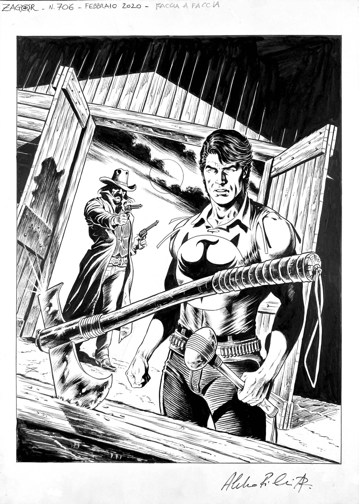 PICCINELLI - Zagor: Faccia a Faccia: ALESSANDRO PICCINELLI - Zagor: Faccia a Faccia. Originale di copertina per Zagor #655, Bonelli, febbraio 2020. Matita, china e tempera bianca su cartoncino, cm 42x29,7. Firmata. Una piccola correzione