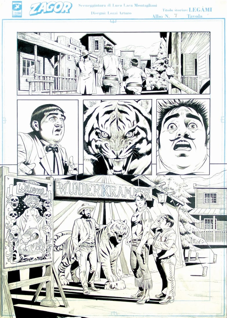 LOZZI; MONTAGLIANI - Un Canto di Natale: ARTURO LOZZI; LUCA MONTAGLIANI - Zagor: Un Canto di Natale. Tavola originale n. 7 su cartoncino professionale Sergio Bonelli Zagor, pubblicata in Zagor Piu' n. 3, Il Raduno dei Trappers, Bonelli, nove