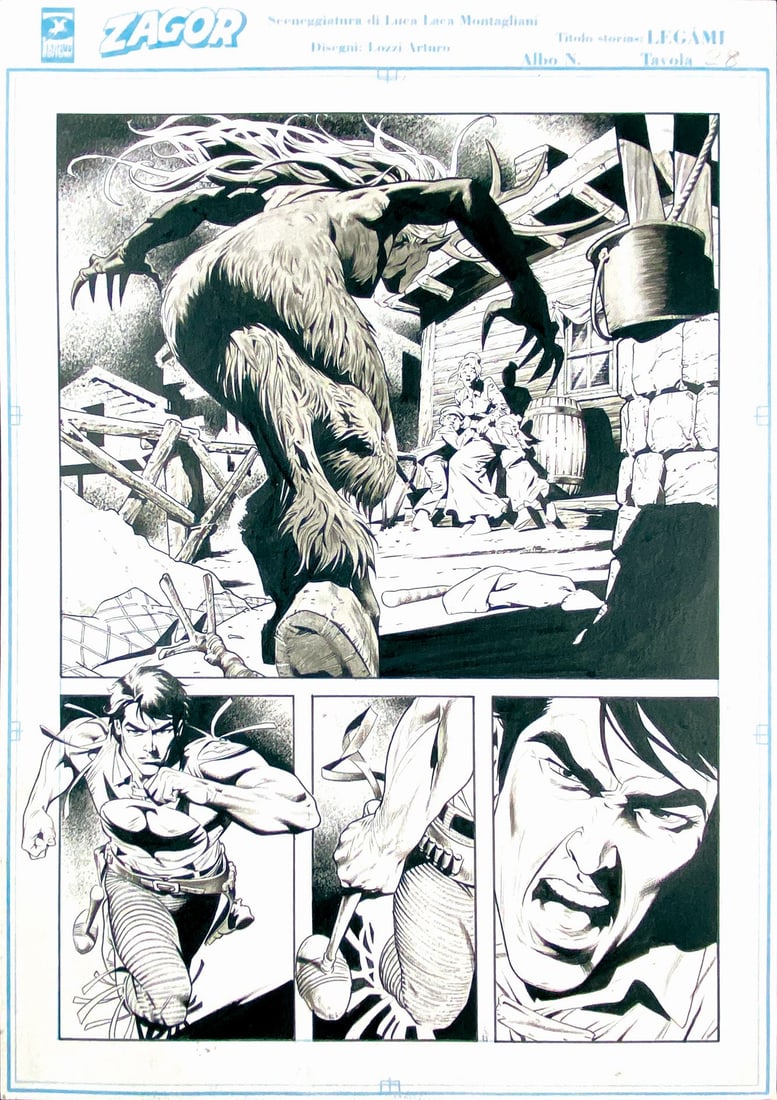 LOZZI; MONTAGLIANI - Un Canto di Natale: ARTURO LOZZI; LUCA MONTAGLIANI - Zagor: Un Canto di Natale. Tavola originale n. 28 su cartoncino professionale Sergio Bonelli Zagor, pubblicata in Zagor Piu' n. 3, Il Raduno dei Trappers, Bonelli, nov