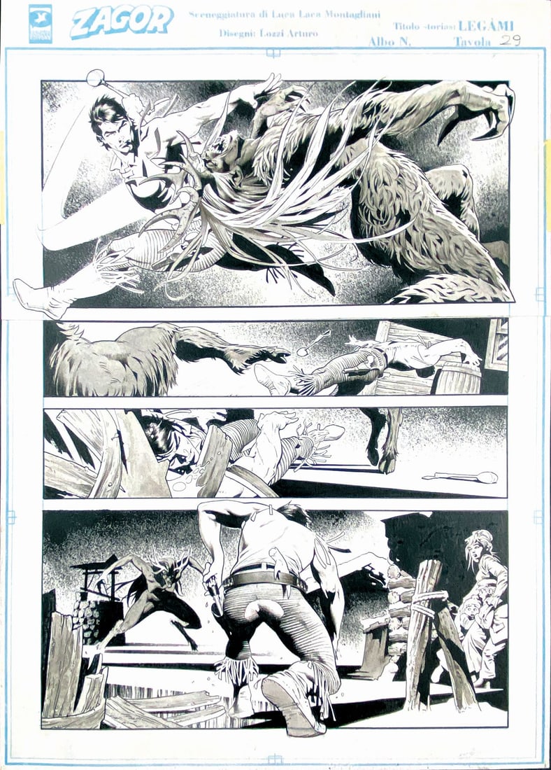 LOZZI; MONTAGLIANI - Un Canto di Natale: ARTURO LOZZI; LUCA MONTAGLIANI - Zagor: Un Canto di Natale. Tavola originale n. 29 su cartoncino professionale Sergio Bonelli Zagor, pubblicata in Zagor Piu' n. 3, Il Raduno dei Trappers, Bonelli, nov