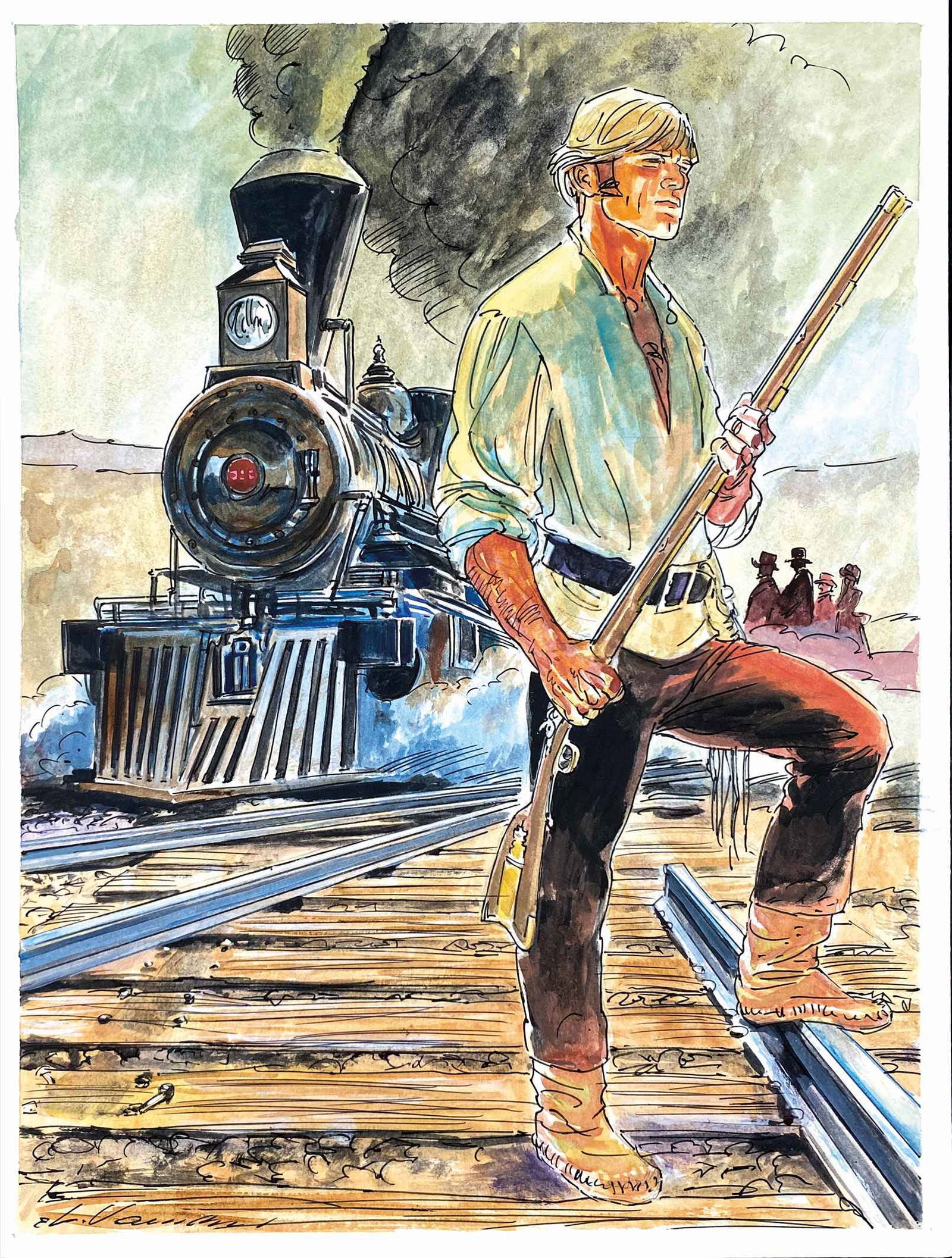 VANNINI - Ken Parker: Santa Fe' Express: Illustrazione pittorica dedicata al n. 18 di Ken Parker serie regolare. Matita, china e acquerello su cartone, cm 36x25. Firmata. Non datata ma 2015 circa. Eccellente stato. ENG Pictorial illustration