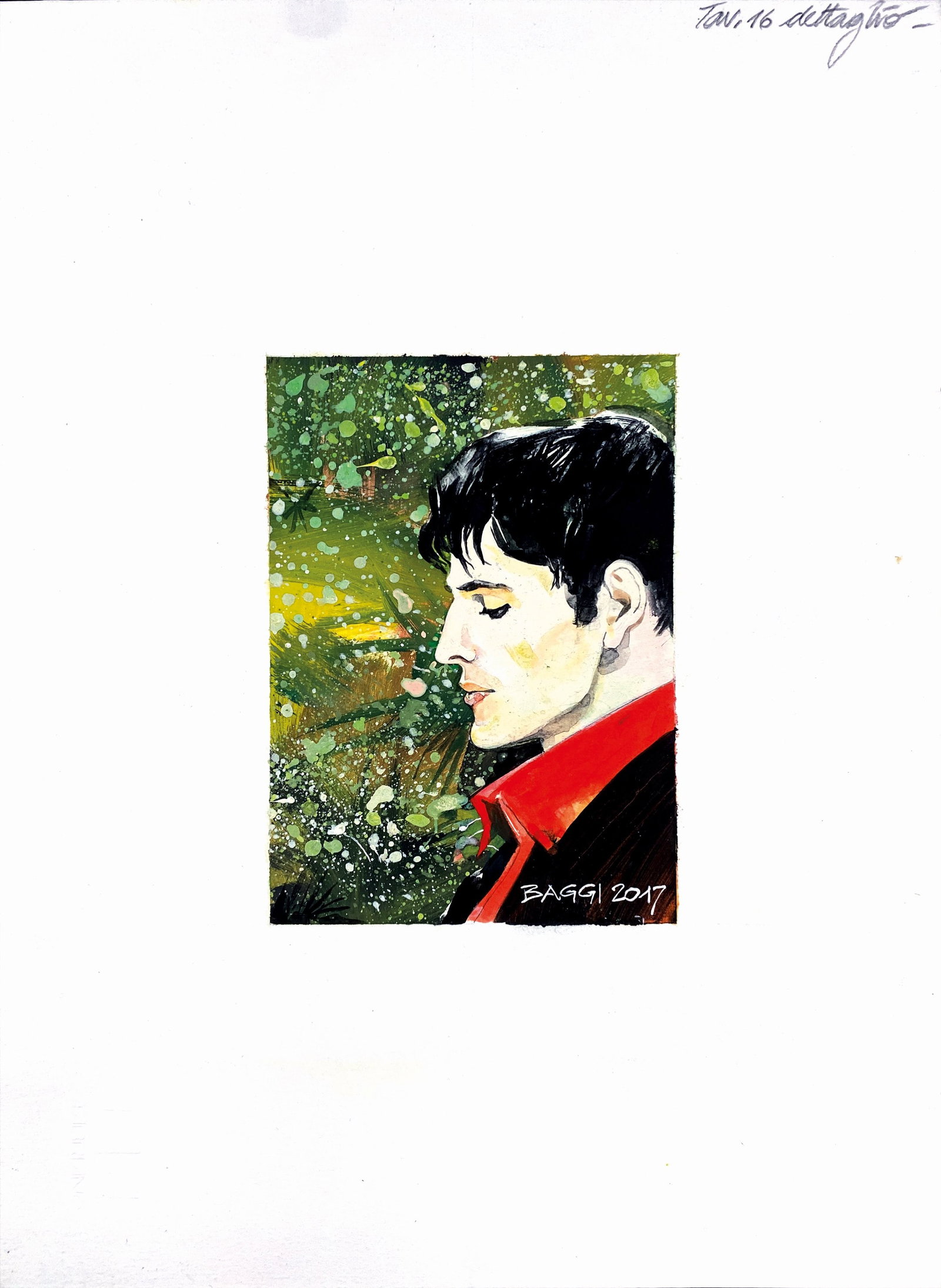 BAGGI - Dylan Dog: Strani Giorni: Illustrazione pubblicata al termine della graphic novel a colori edita da Bonelli nel 2018. Matita, tempera e acrilico su cartoncino; cm 33x24 (opera cm 14,5x10,5). Firmata e datata 2017. Ottimo