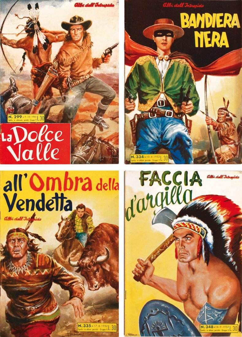Albi dell’Intrepido 1951: ENG A collection of #298/349 in the new comic book size; arts by the best Italian comic artists; pictorial covers by Mairani. Also publishing Tarzan by Lubbers and Nancy by Bushmiller. Near mint condi