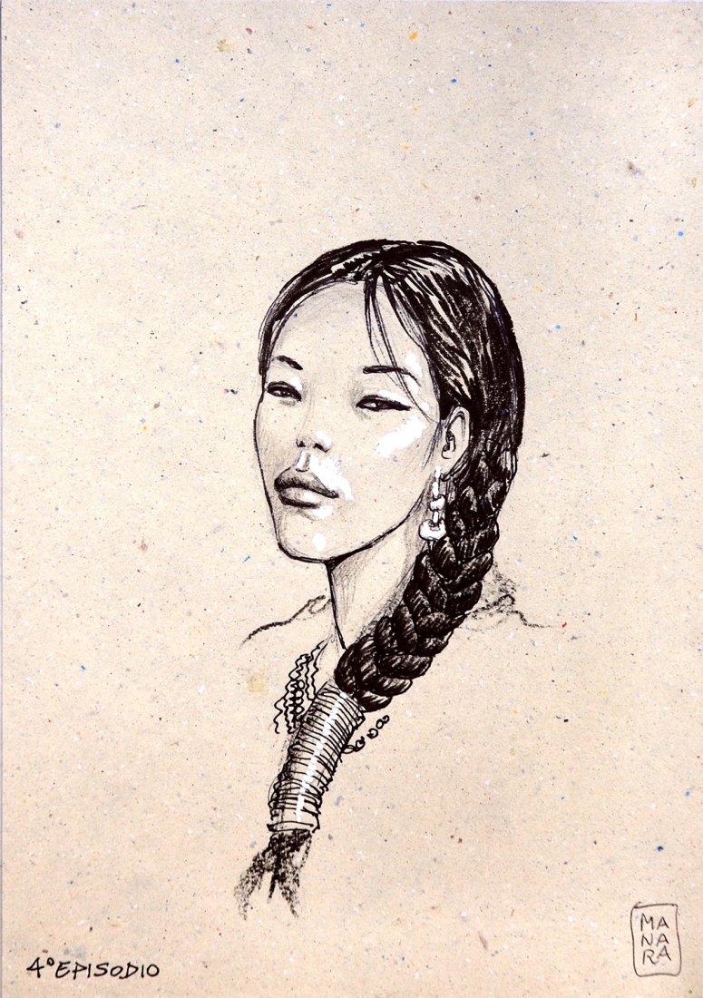 Milo Manara Indianina: ENG Original art for Il Trombettiere. Mixed technique on color paper. Scroll-signed. IT Milo Manara Indianina Originale per Il Trombettiere. Tecnica mista su carta colorata cm 21x29,5, firmata in ca