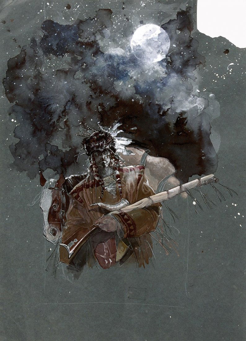 Sergio Tisselli Trapper: ENG Mixed technique on colour paper. This art has been realised on a rough paper sheet: the upper right corner is lacking. Framed. IT Sergio Tisselli Trapper Illustrazione tecnica mista su carta colo