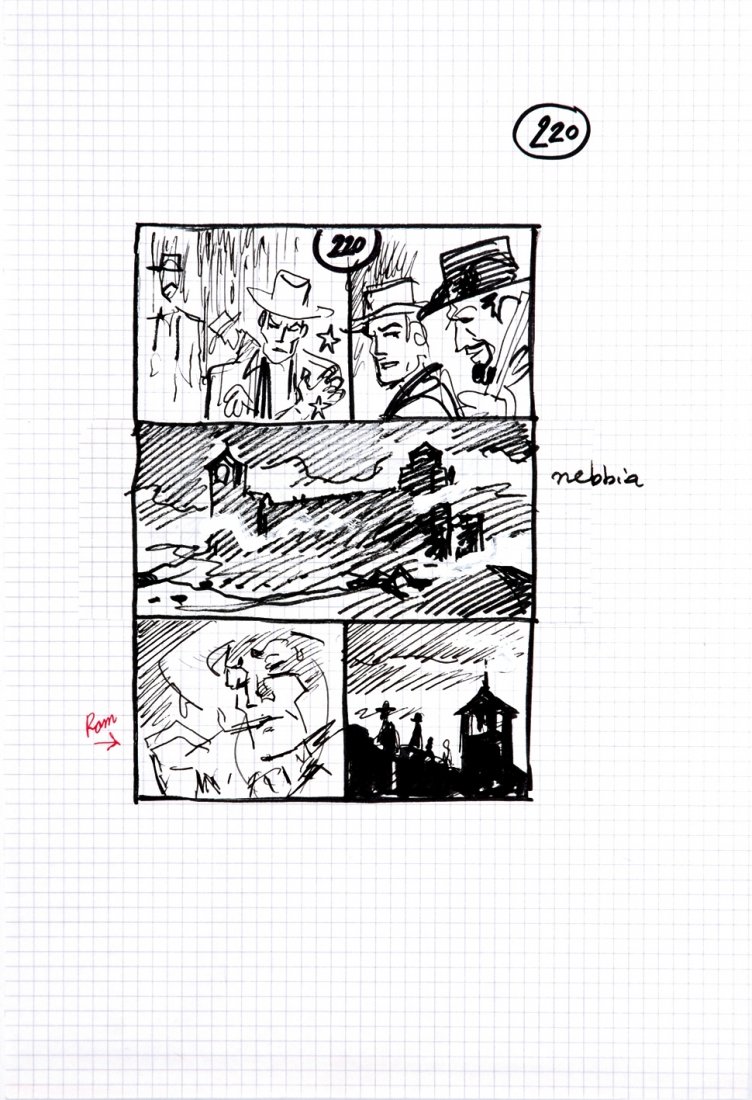 Magnus La Valle del Terrore: ENG Storyboard for the art published at page 220. Ballpoint pen, marker and white tempera on quadfoolscap. IT Magnus La Valle del Terrore Storyboard per la tavola pubblicata a pag.220. Biro, pennarell