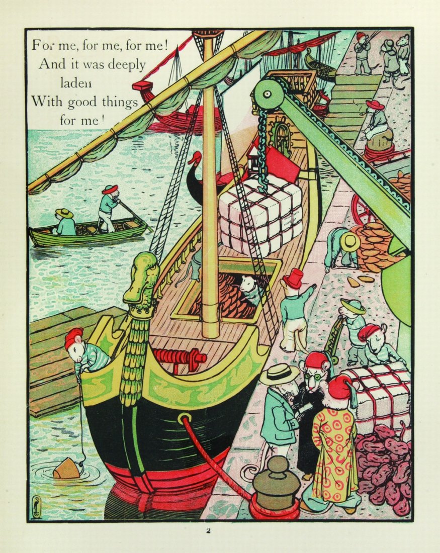 Walter Crane This Little Pig’s picture book: ENG Full-cloth hardback volume gathering 3 children’s book illustrated in color by Crane. Engravingand printing by Edmund Evans. Illustrated fly-leaves. Binding in fair condition, excellent inside.