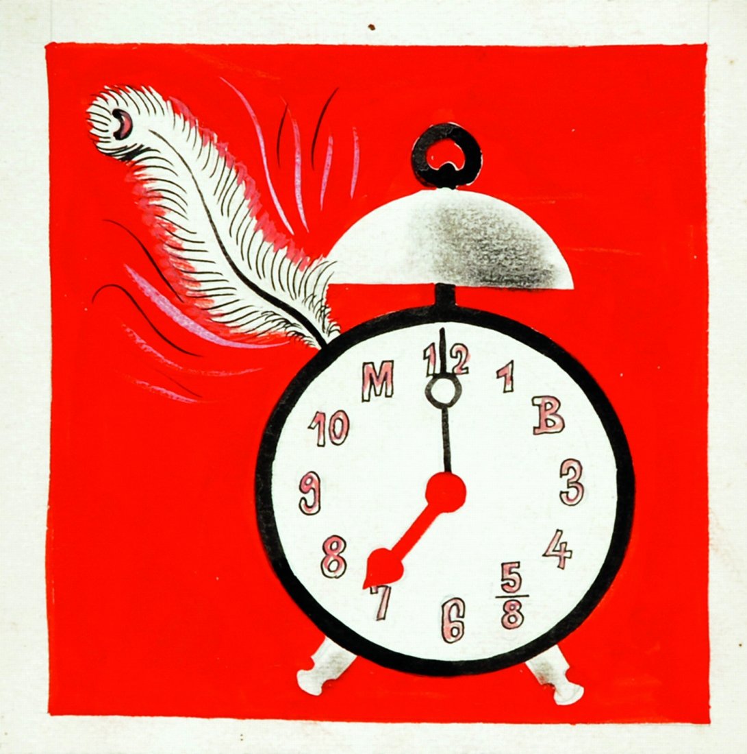 Bruno Munari Sveglia con piuma: ENG Pencil, ink and tempera on thin cardboard. Second half of the 40s. IT Bruno Munari Sveglia con piuma Illustrazione originale per “macchina inutile”. Matita, china e tempera su cartoncino cm 1