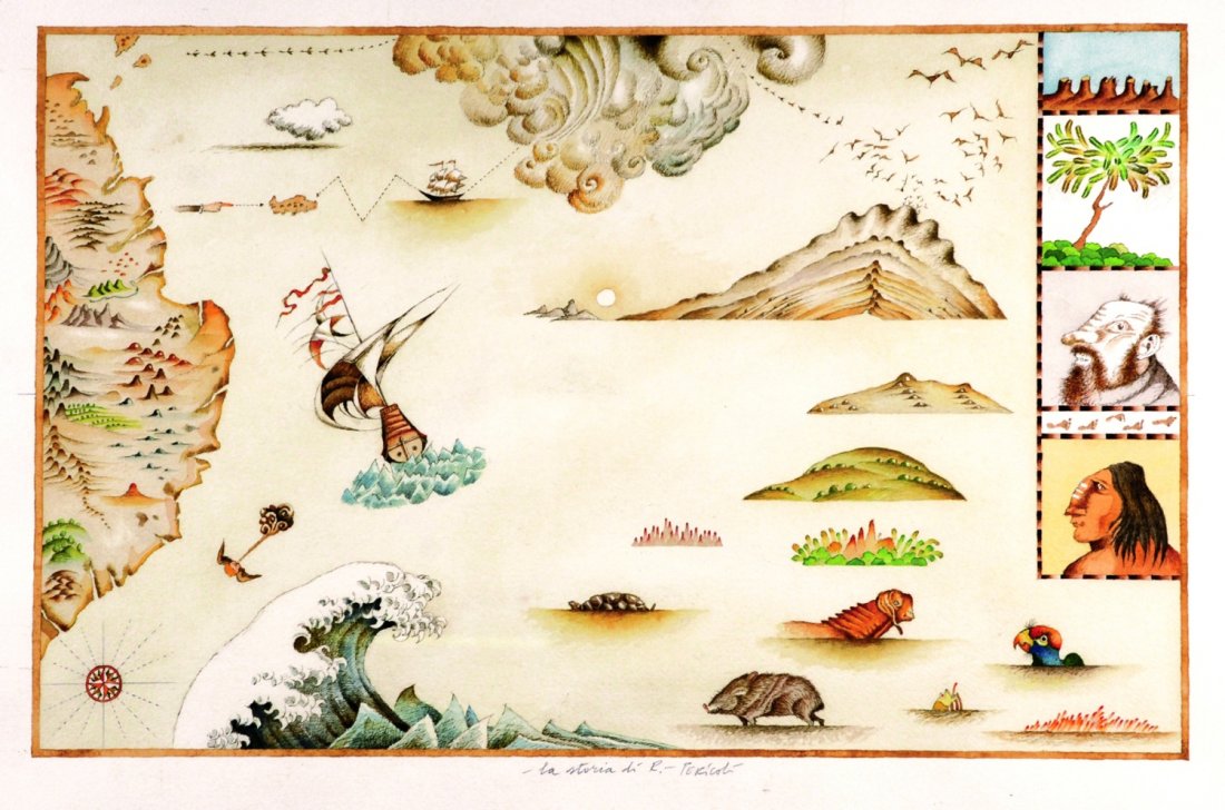 Tullio Pericoli La storia di R.: ENG Pictorical illustration, mixed technique on paper. Signed, framed. IT Tullio Pericoli La storia di R. Grande illustrazione tecnica mista su carta cm 75x56 (dipinto 46,5x30). Firmato, in cornice.