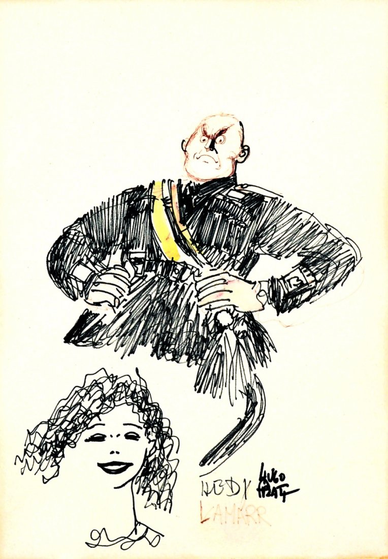 Hugo Pratt Mussolini e l’attrice Hedy Lamarr: ENG Marker on Fabriano paper. Excellent condition. IT Hugo Pratt Mussolini e l’attrice Hedy Lamarr Pennarello su carta Fabriano cm 23,7x33,5. Eccellente stato.
