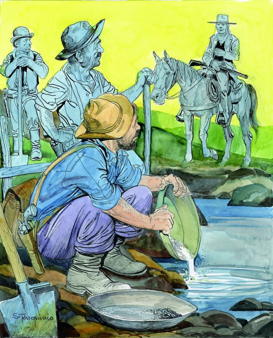 Sergio Tarquinio Storia del West - L’oro della: ENG Unpublished variant cover for #9, 1968. Pencil, ink and watercolor on thin cardboard. Signed twice. Excellent condition. IT Sergio Tarquinio Storia del West - L’oro della California Variante di