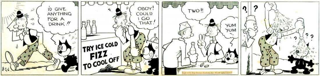 Otto Messmer I’d give anything for a drink!!: ENG Daily strip published on August 26, 1939. Pencil, ink and halftone screen on thin cardboard. Framed. IT Otto Messmer I’d give anything for a drink!! Striscia giornaliera del 26 agosto 1939. Chi