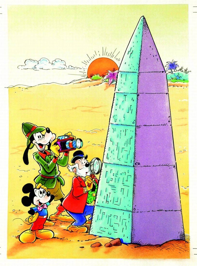 Roberto Santillo Topolino e l’enigma di Zapotek: ENG Original cover art for “Topolino” #1798. Mixed technique on thin cardboard. Excellent condition. IT Roberto Santillo Topolino e l’enigma di Zapotek Originale di copertina per “Topolino”