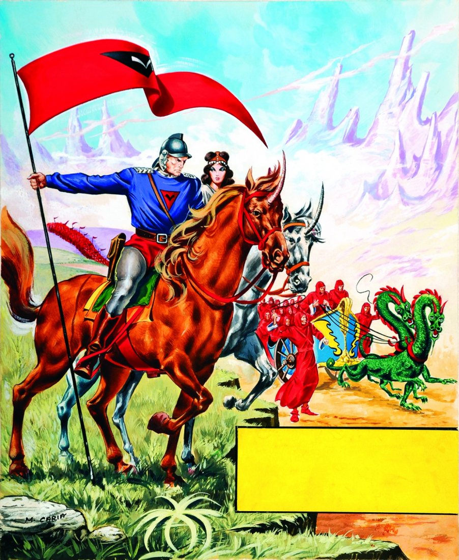 Mario Caria Gordon nel regno di Urazza: ENG Original cover art for #4, Spada editions, 1964. Tempera on thin cardboard. Signed. IT Mario Caria Gordon nel regno di Urazza Originale di copertina per il n°4, Edizioni Spada, 1964. Tempera su c