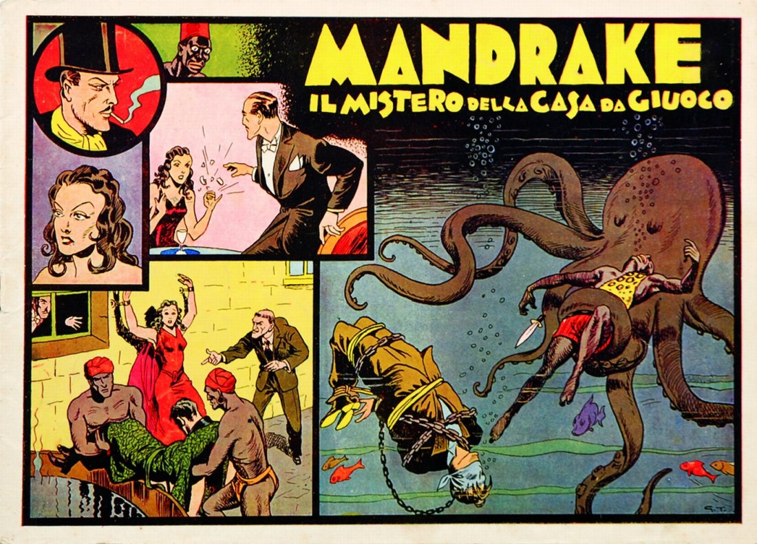 Mandrake: ITA Mandrake Nerbini, Firenze, 1935-1941. 14 albi editi. Secondo episodio Il mistero della casa da gioco; febbraio 1936. Cm 32,8x23,4, pp. 48 in b/n. Copertina G. Toppi. Nuovissimo, lievi fioriture.