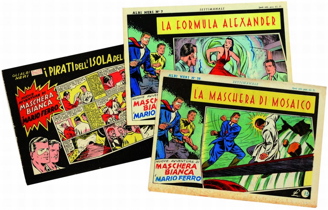 Albi Neri - nuove avventure di Maschera Bianca e Mario: ITA Albi Neri - nuove avventure di Maschera Bianca e Mario Ferro Edizioni Avventure Illustrate, Roma, 1948. 28 albi editi cm 24,7x17,5, pp. 8 b/n. Testi Medici, disegni Grassetti. Coll. cpl nuovissima