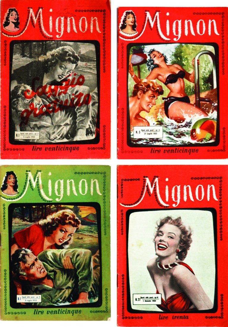 Mignon: ITA Mignon Torelli, Milano, 1952-1953. 38 albi editi (1/37 più numero 0 di presentazione, di pp. 16). Cm 13x18, pp. 34 b/n. Pubblica: Vortice d’amore e Pamela di Uberti, Il diario di Lidia e Giulie