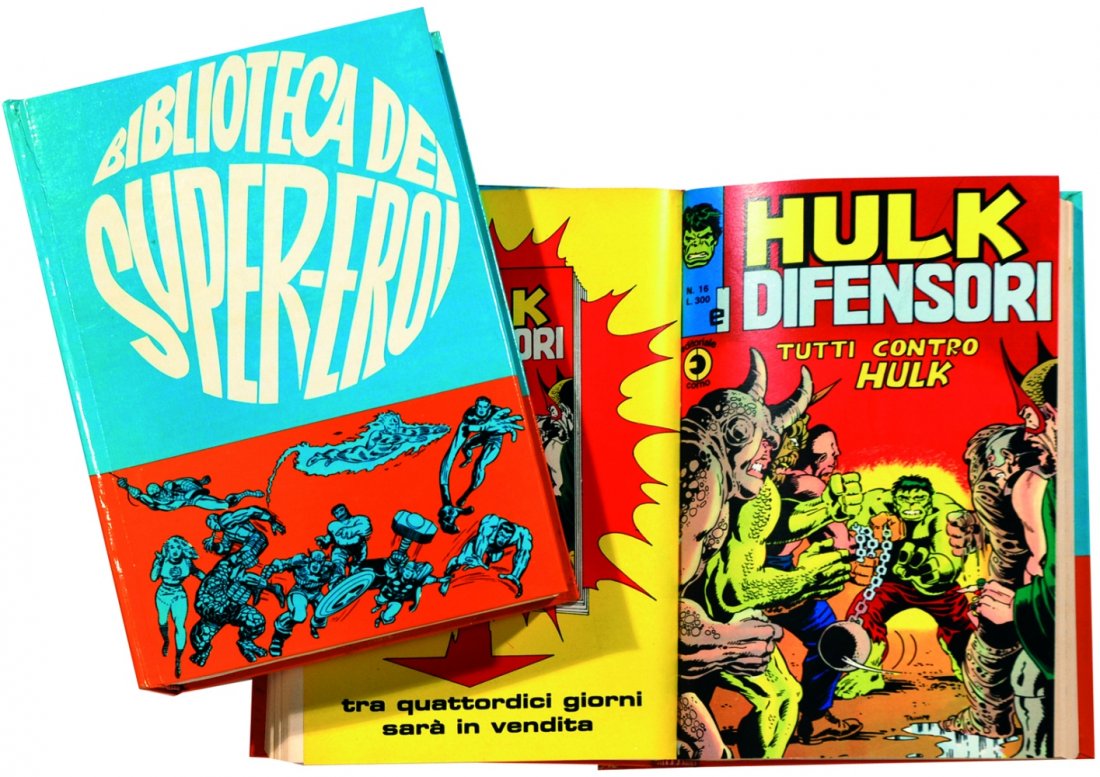 Hulk e i difensori: ITA Hulk e i difensori Corno, 1975. 44 numeri editi. Sequenza dei nn. 1/40, presentati nei 4 volumi cartonati “Biblioteca dei Supereroi”. Nuova.