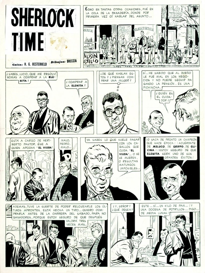 ALBERTO BRECCIA Sherlock Time: ENG Complete story composed by 6 arts. Written by Oesterheld. Pencil and ink on drawing paper. Not dated but early 70s. Very good condition (the third art with a remounted panel and light yellowings).