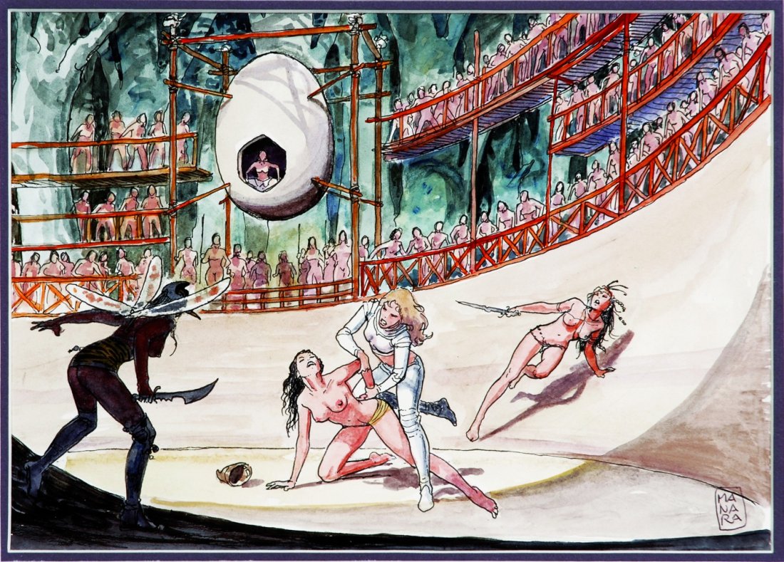 MILO MANARA Barbarella e il combattimento nell’arena: ENG Pencil, ink and watercolor on paper. Scroll-signed. ITA MILO MANARA Barbarella e il combattimento nell’arena Illustrazione per il progetto Barbarella. Matita, china e acquerello su carta cm 29,7