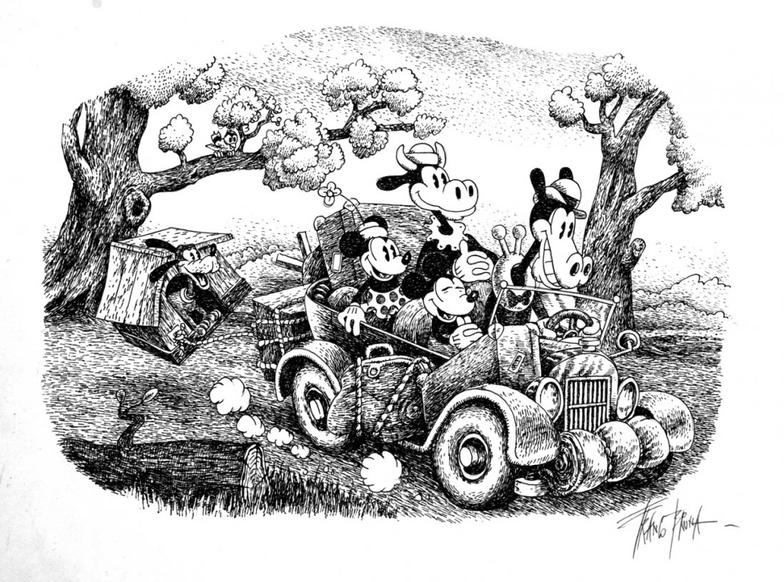 FRANCO BRUNA Una Gita al Lago Polveroso: ENG Ink on drawing paper. Signed. Very good condition. ITA FRANCO BRUNA Una Gita al Lago Polveroso Illustrazioni china su carta da disegno cm 50x35. Specializzato nel ricreare le atmosfere anni ’30,