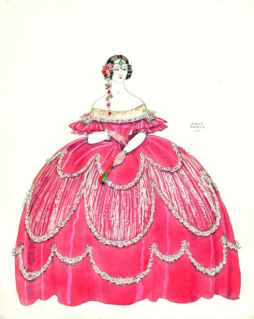 George Barbier - La robe rose - Illustrazione di moda: ENG George Barbier - La robe rose - Illustrazione di moda Pencil, ink, and tempera on thin cardboard. Cm 21,2x26,5. Signed and dated 1925. Excellent conditions. FR Illustration de mode. Crayon, encre