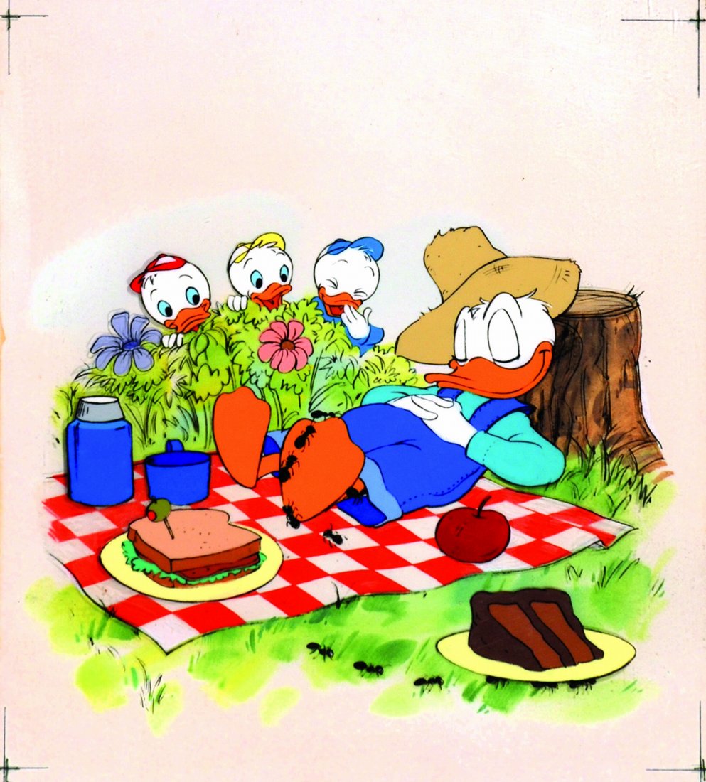 AL HUBBARD Il pic-nic: ENG Original illustration for a Disney volume; not dated but 50s. Two acetatesheets (one drawn with ink, the second painted with tempera) on apainted backdrop. ITA AL HUBBARD Il pic-nic Due fogli di a