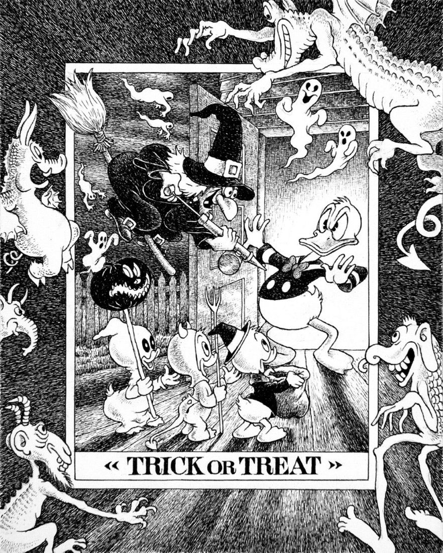 FRANCO BRUNA Trick or treat?: ENG A tribute to Carl Barks. Ink on paper pasted on wood. Signed, excellentcondition. ITA FRANCO BRUNA Trick or treat? Omaggio a Carl Barks. China su carta applicataa pannello di legno cm 25x31. Un s