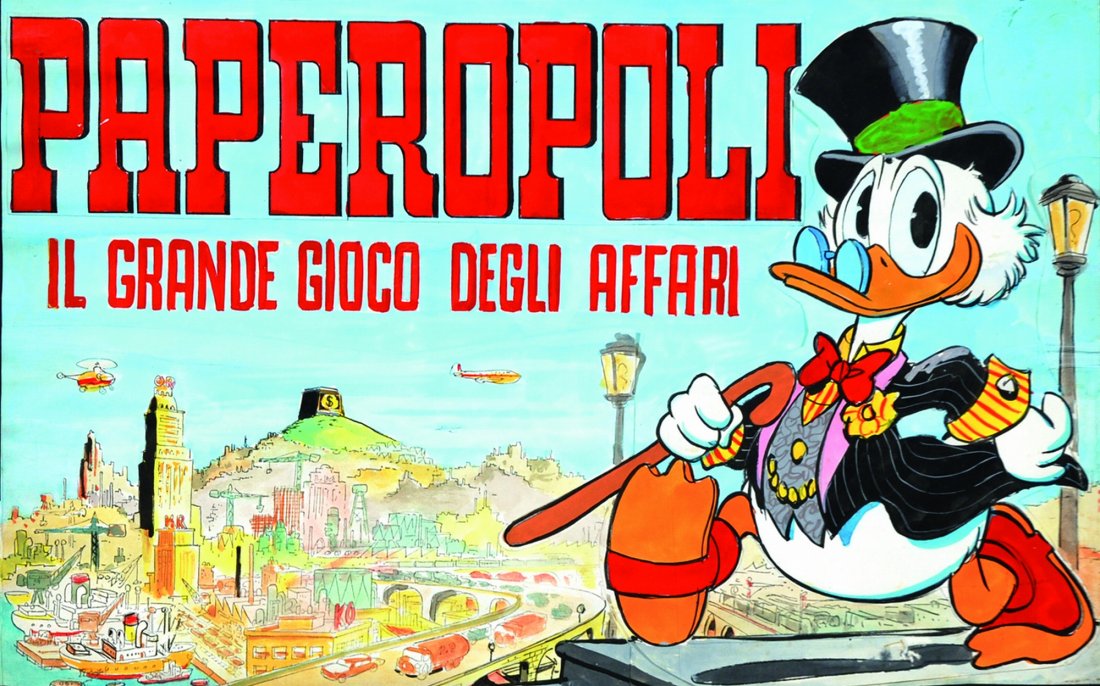 MARCO ROTA Paperopoli - Il grande gioco degli affari: ENG Preliminary sketch for the boardwalk gamesent as a gift to Topolino subscribers in the70s. Pencil, ink and tempera on thin cardboard.Very good condition, framed ITA MARCO ROTA Paperopoli - Il gran