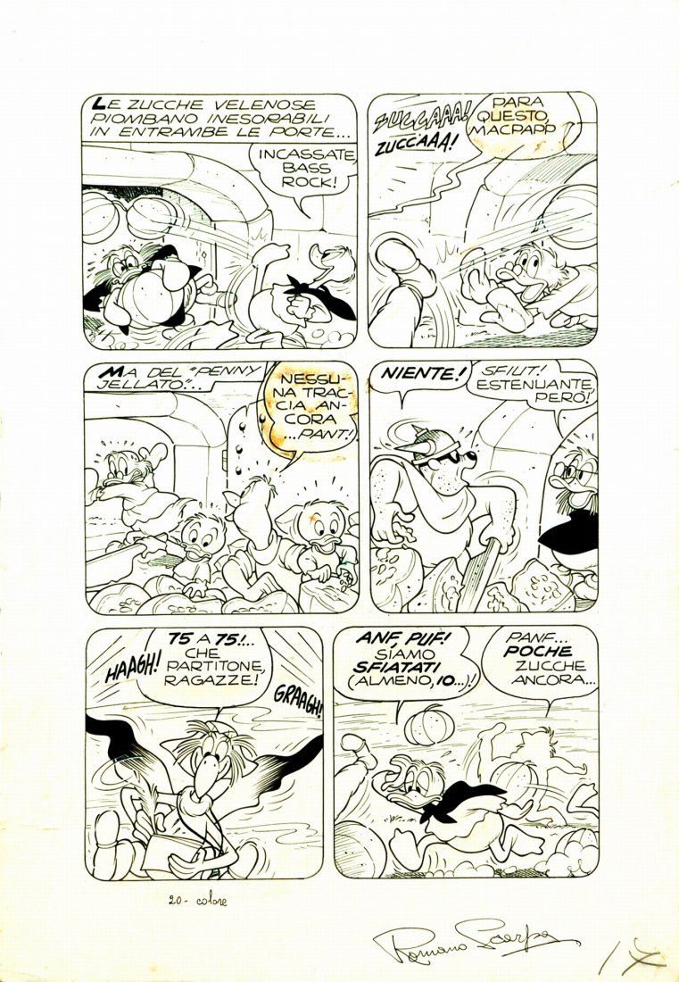 ROMANO SCARPA Paperino ai Mondiali: ENG 17th art of the story published on "I Classici di Walt Disney" #54. Pencil and ink on thin cardboard, signed. Scarce, good condition. ITA ROMANO SCARPA Paperino ai Mondiali Tavola 17 dalla storia