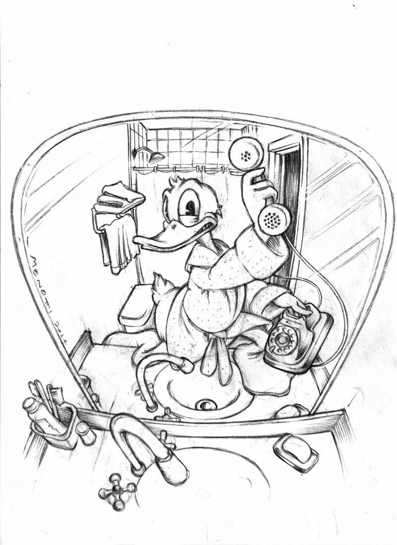 MENOTTI (ROBERTO MARCHIONNI) Selfie Fail: ENG Pencil on paper. Published on the specialedition of "Topolino", celebratingthe 80th birthday of Donald Duck ITA MENOTTI (ROBERTO MARCHIONNI) Selfie Fail Selfie fail Matita su carta cm21x29,7. Pubb