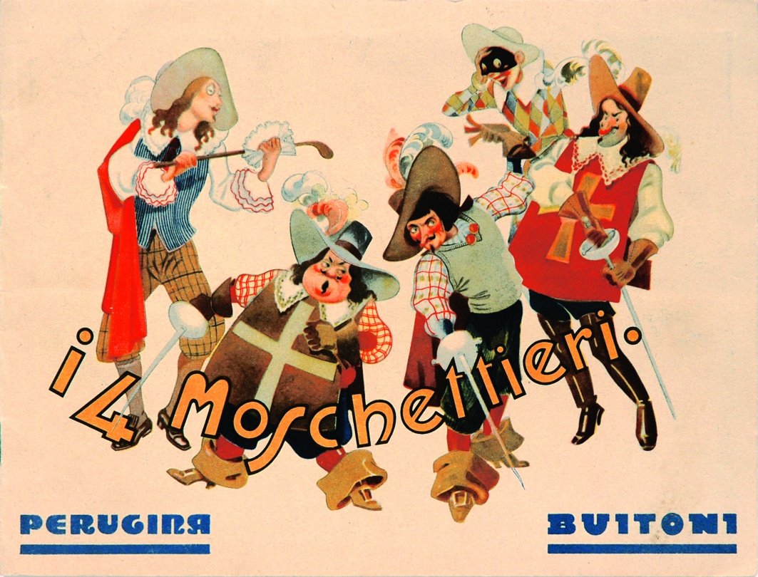 ANGELO BIOLETTO I Quattro Moschettieri: ENG Sticker album, complete of all the advertising stickers produced in 1936. Excellent condition. ITA ANGELO BIOLETTO I Quattro Moschettieri di Nizzae Morbelli. Album-raccolta, primaedizione 1936. Al