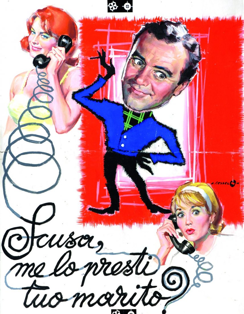 ANGELO CESSELON Scusa, me lo presti tuo marito?: ENG Original poster art for the David Swift's Good neighbor Sam starring Jack Lemmon and Romy Schneider. Pencil and tempera on thin cardboard. Central fold. ITA ANGELO CESSELON Scusa, me lo presti tu